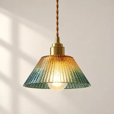 Suspension vintage en laiton et verre color&eacute;