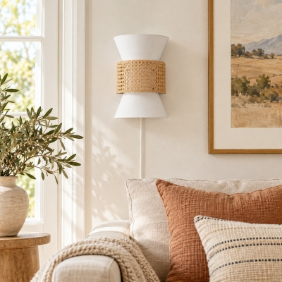 Wandleuchte im K&uuml;sten-Boho-Stil aus Stoff und nat&uuml;rlichem Rattan mit Stecker f&uuml;r Schlafzimmer und Flur