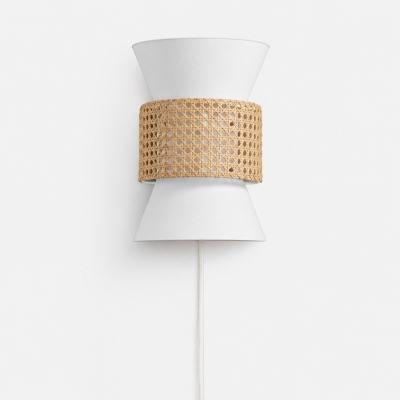Wandleuchte im K&uuml;sten-Boho-Stil aus Stoff und nat&uuml;rlichem Rattan mit Stecker f&uuml;r Schlafzimmer und Flur