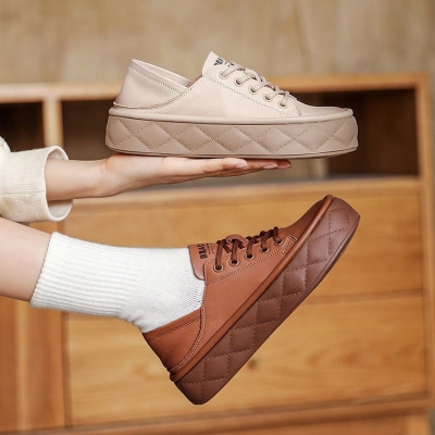 Zapatillas bajas de piel de vaca con plataforma gruesa y tiras cruzadas para mujer, zapatos casuales en marr&oacute;n/beige