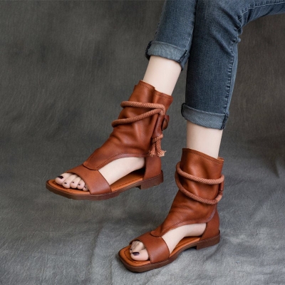 Sandalias de cuero para mujer, zapatos de ca&ntilde;a alta, planos, estilo gladiador, vintage, punta abierta