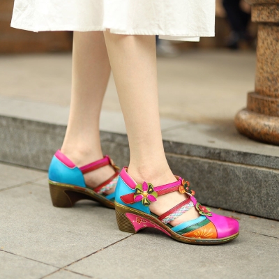Sandalias de tac&oacute;n antideslizantes de cuero bohemio para mujer