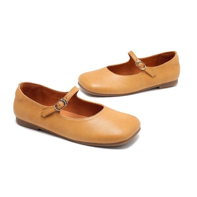 Bailarinas Mary Jane de piel para mujer en color caqui, negro y marr&oacute;n amarillento