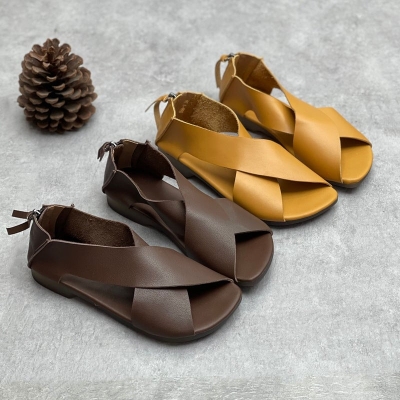 Sandalias de verano de cuero con tiras cruzadas hechas a mano para mujer