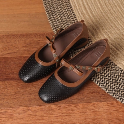 Sandali Mary Jane da donna con tacco basso e fiocco patchwork vintage