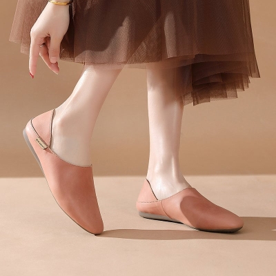 Mocasines planos de piel hechos a mano con punta redonda para mujer, informales, sin cordones, en color rosa, gris claro, amarillo y albaricoque.