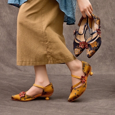 Zapatos de tac&oacute;n retro de piel aut&eacute;ntica con punta puntiaguda para mujer, zapatos de oficina sin cordones con tac&oacute;n de gatito