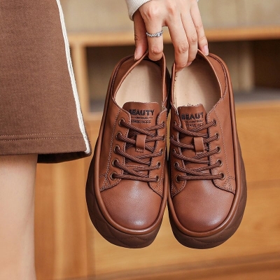 Zapatillas bajas de piel de vaca con plataforma gruesa y tiras cruzadas para mujer, zapatos casuales en marr&oacute;n/beige