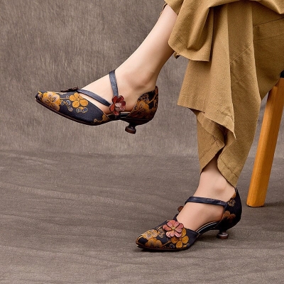 Zapatos de tac&oacute;n retro de piel aut&eacute;ntica con punta puntiaguda para mujer, zapatos de oficina sin cordones con tac&oacute;n de gatito