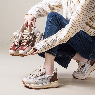 Zapatillas deportivas de plataforma gruesa para mujer, estilo dad, informales, de cuero y malla, con cordones, en rojo y beige