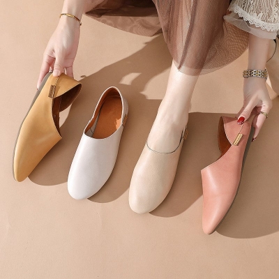 Mocasines planos de piel hechos a mano con punta redonda para mujer, informales, sin cordones, en color rosa, gris claro, amarillo y albaricoque.