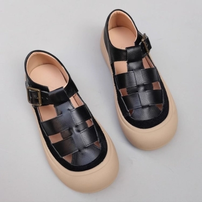 Sandalias tejidas de piel aut&eacute;ntica para mujer, con punta cerrada y suela suave, estilo informal.