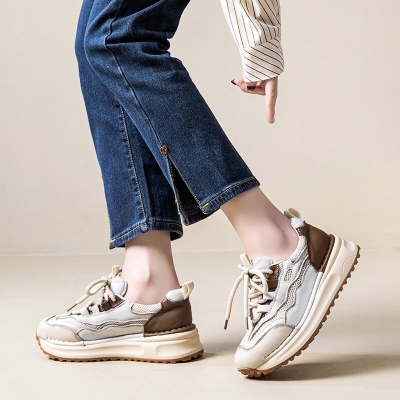 Zapatillas deportivas de plataforma gruesa para mujer, estilo dad, informales, de cuero y malla, con cordones, en rojo y beige