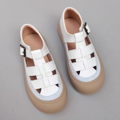 Sandalias tejidas de piel aut&eacute;ntica para mujer, con punta cerrada y suela suave, estilo informal.