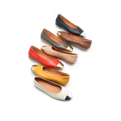 Zapatos planos de piel de oveja hechos a mano para mujer con dise&ntilde;o de bloques de color y puntera dorada en 7 colores.