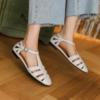 Sandalias de pescador de cuero para mujer: elegantes zapatos de verano planos con punta redonda