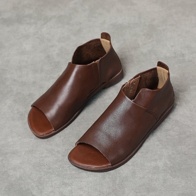Sandali comodi da donna in pelle fatti a mano con punta aperta e slip-on