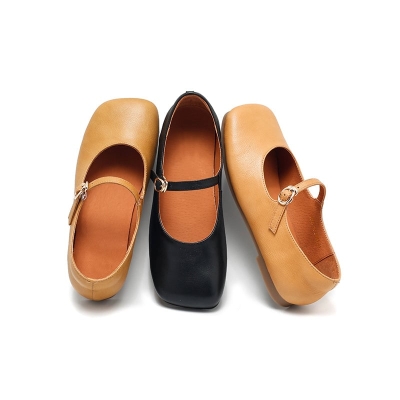 Bailarinas Mary Jane de piel para mujer en color caqui, negro y marr&oacute;n amarillento