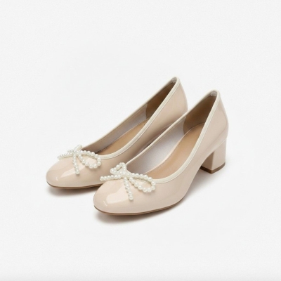 Zapatos elegantes de charol para mujer con lazo de perlas - Tac&oacute;n grueso, dise&ntilde;o c&oacute;modo - N32