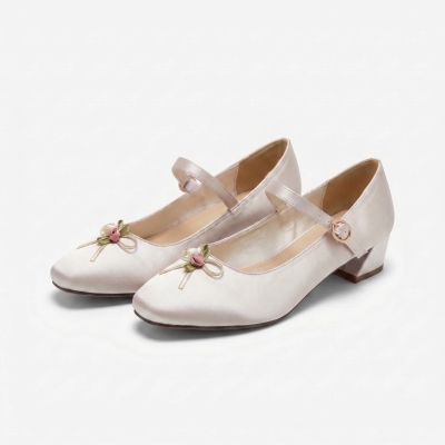 Zapatos de tac&oacute;n Mary Jane de punta cuadrada con tac&oacute;n cerrado y tac&oacute;n grueso &ndash; Zapatos de ballet para bodas - N22