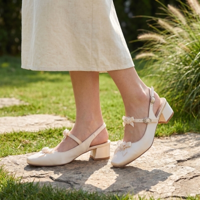 Sandalias rom&aacute;nticas de encaje con perlas y tac&oacute;n grueso, vers&aacute;tiles, para mujeres y novias - N39