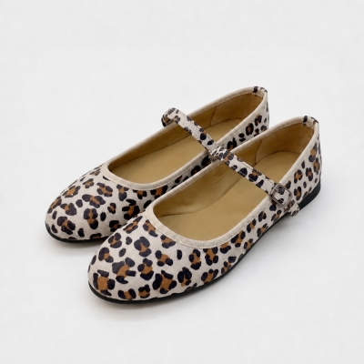 Bailarinas Mary Jane de ante sint&eacute;tico con estampado de leopardo &ndash; Punta redonda, suela antideslizante - N07