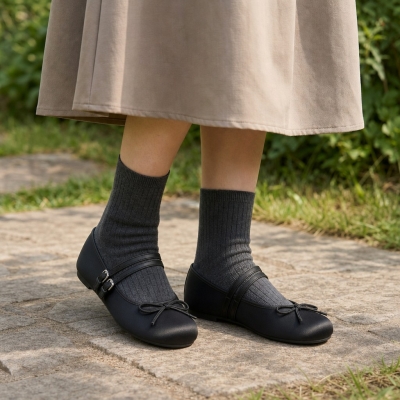 Zapatos Mary Jane de sat&eacute;n con doble tira, punta cuadrada y lazo delicado. Zapatos planos elegantes y c&oacute;modos para mujer - N15