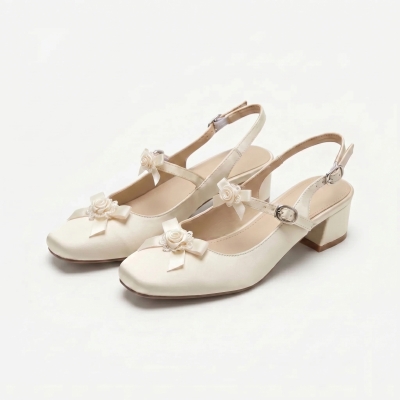 Sandalias rom&aacute;nticas de encaje con perlas y tac&oacute;n grueso, vers&aacute;tiles, para mujeres y novias - N39