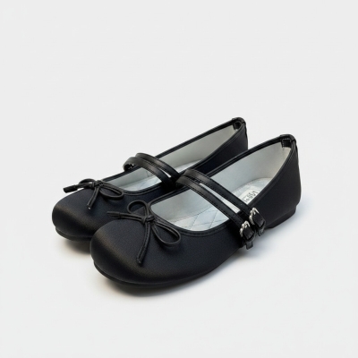 Zapatos Mary Jane de sat&eacute;n con doble tira, punta cuadrada y lazo delicado. Zapatos planos elegantes y c&oacute;modos para mujer - N15