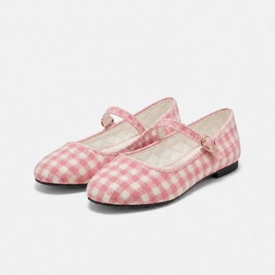 Zapatos de cuadros con punta redonda - Zapatos planos tipo Mary Jane ligeros para uso diario - N10