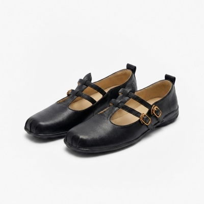 Zapatos planos de punta cuadrada con forma de nariz de cerdo - Zapatos retro c&oacute;modos con doble hebilla - N50