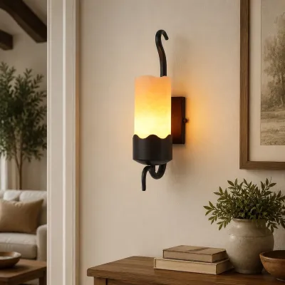 Applique murale rustique de style alb&acirc;tre avec cadre en m&eacute;tal noir