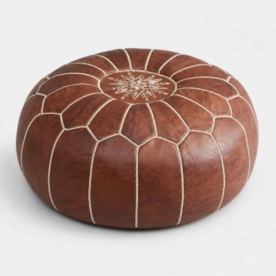 Pouf marocchino marrone, poggiapiedi rotondo cucito per soggiorno, camera da letto e arredamento boho.