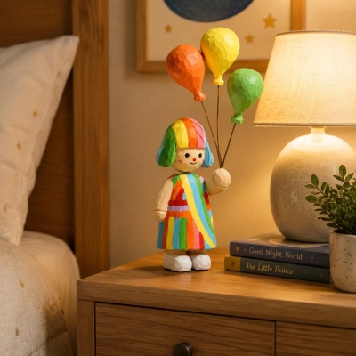 Rainbow Balloon Girl Wooden Figurine