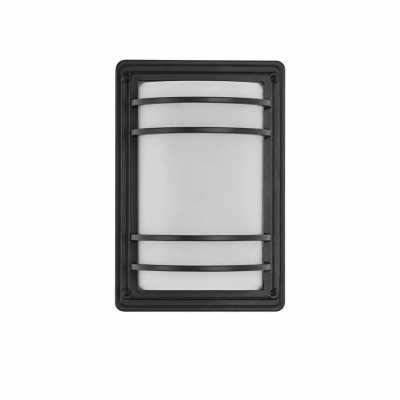 Applique da esterno moderna, nera, con paralume in vetro bianco.