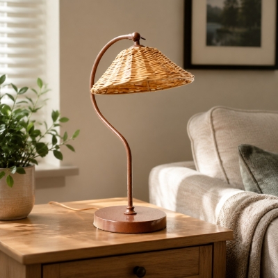 Lampe de table avec abat-jour en rotin tress&eacute; &agrave; la main et structure en m&eacute;tal courb&eacute;