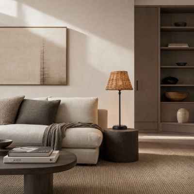 Lampe de table en rotin naturel et fer noir