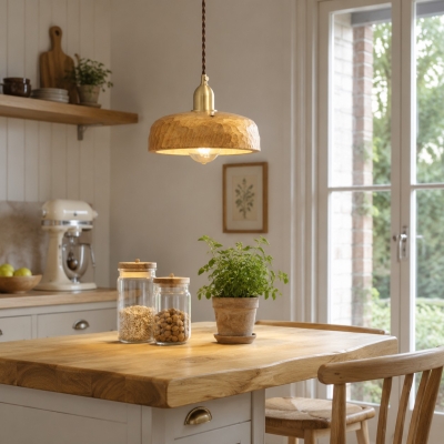 Lampe suspendue en bois sculpt&eacute; &agrave; la main, style Wabi-Sabi