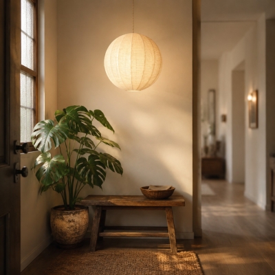 Suspension globe tiss&eacute;e &agrave; la main avec rosace en bois