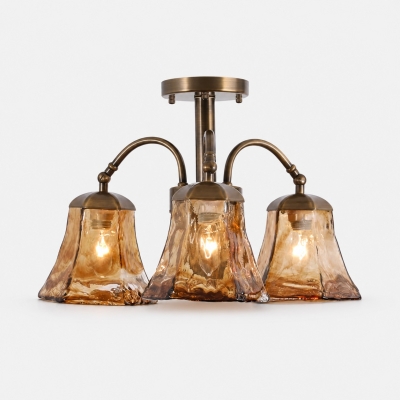 Brass and Amber Glass Semi-Flush Ceiling Light