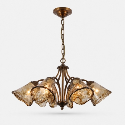 Downward Amber Tulip Glass Brass Chandelier