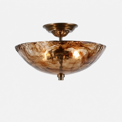 Antique Brass Etched Glass Semi-Flush Ceiling Light