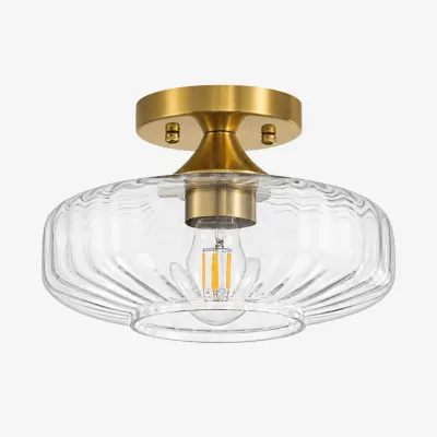 Elara Brushed Brass Ribbed Glass Semi-Flush Ceiling Light