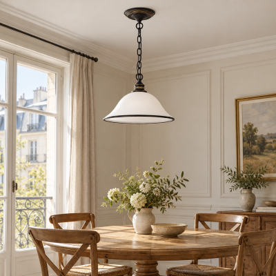 Suspension conique vintage en verre blanc d&eacute;poli, 34 cm (13,4 po)