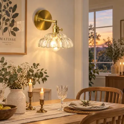 Vintage Brass Puff-Skirt Glass Wall Lamp