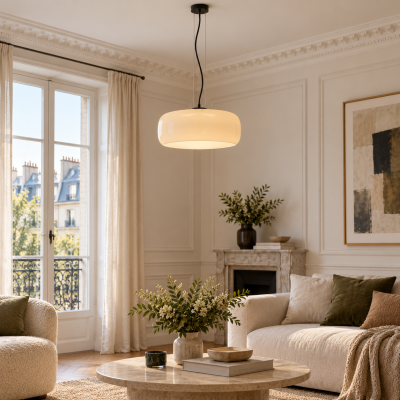 Suspension Lunorae en verre tambour brillant, cr&egrave;me chaude, bleu ou orange