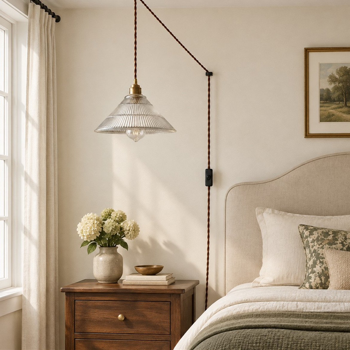 Vintage Ribbed Glass Shade Plug‑in Swag Pendant Light - Hanging Lamp for Dining and Living Room
