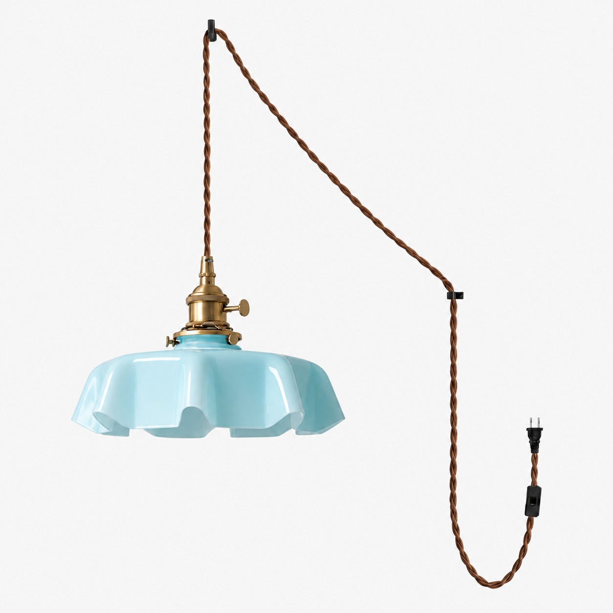 Pleated Glass Antique Brass Plug-In Swag Pendant