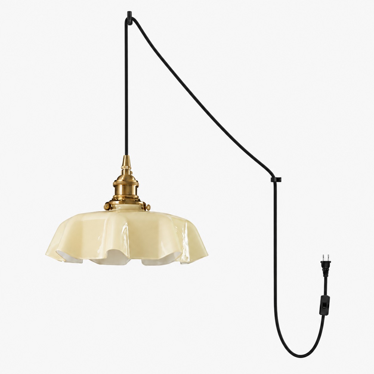 Pleated Glass Antique Brass Plug-In Swag Pendant