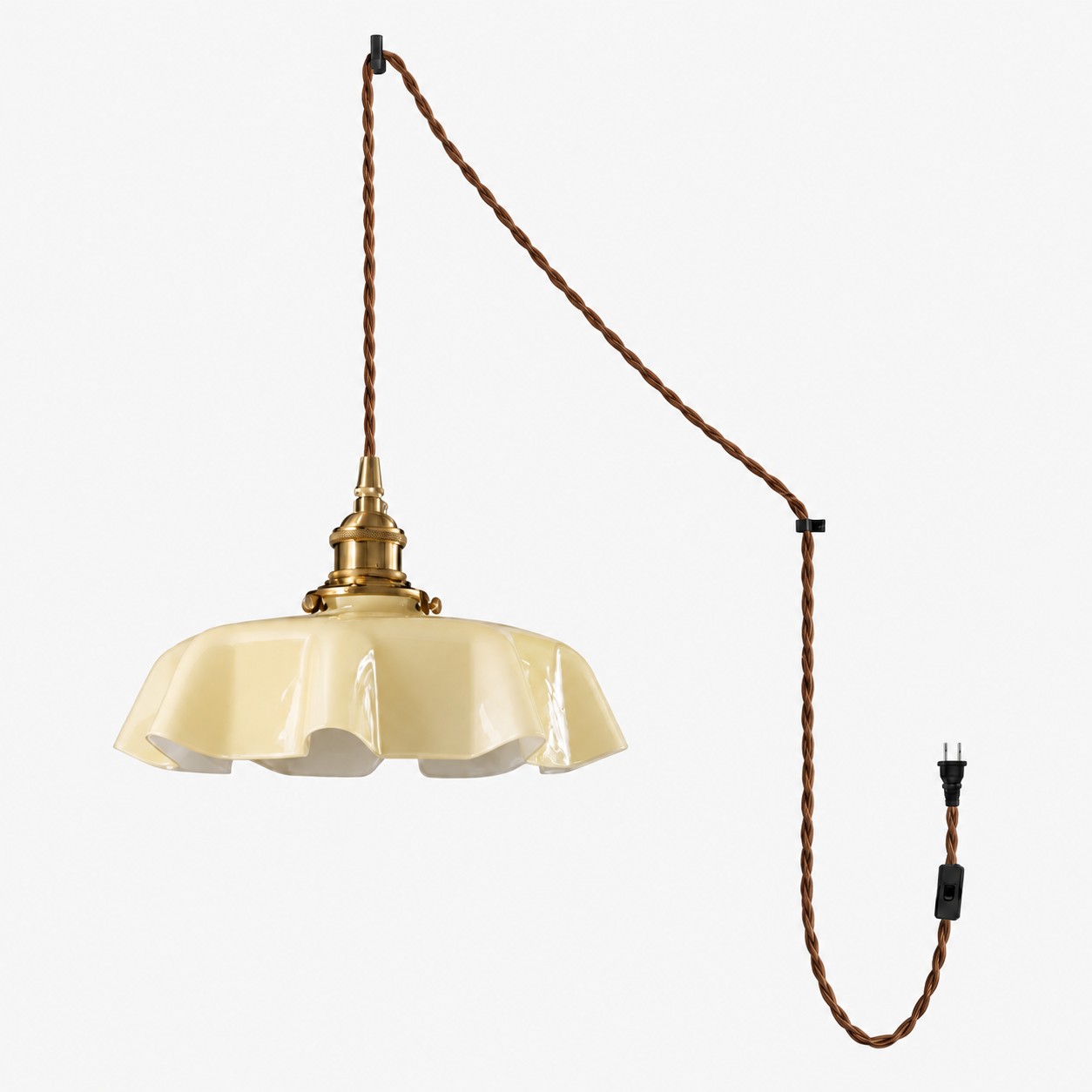 Pleated Glass Antique Brass Plug-In Swag Pendant